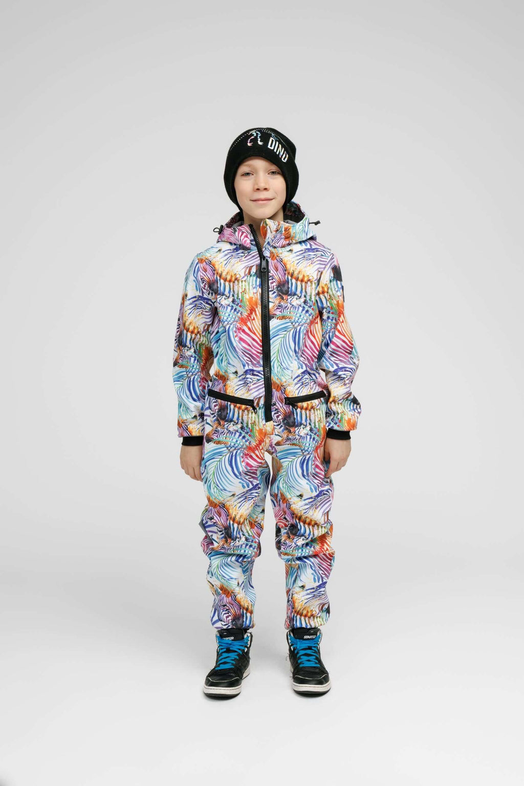 Colorful softshell onesie for kids, featuring weather-resistant kids onesie design and stylish accessories.