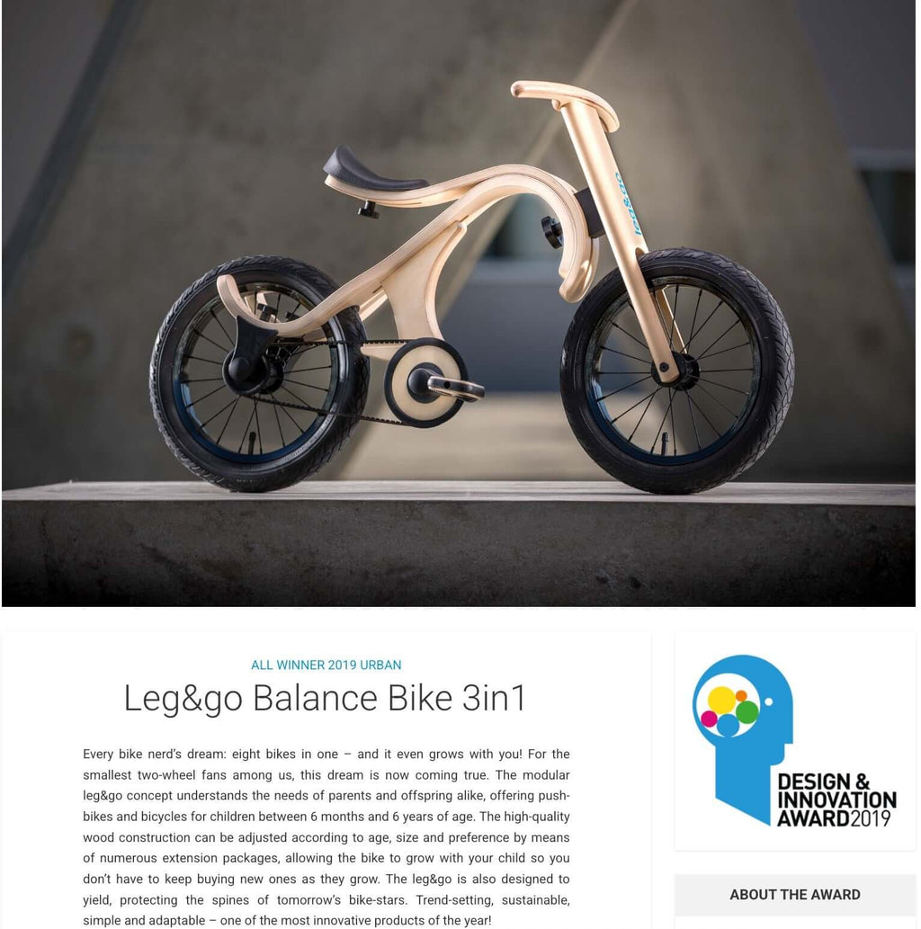 leg&go Balance Bike 3in1 displayed on a modern pedestal showcasing its innovative design and features.