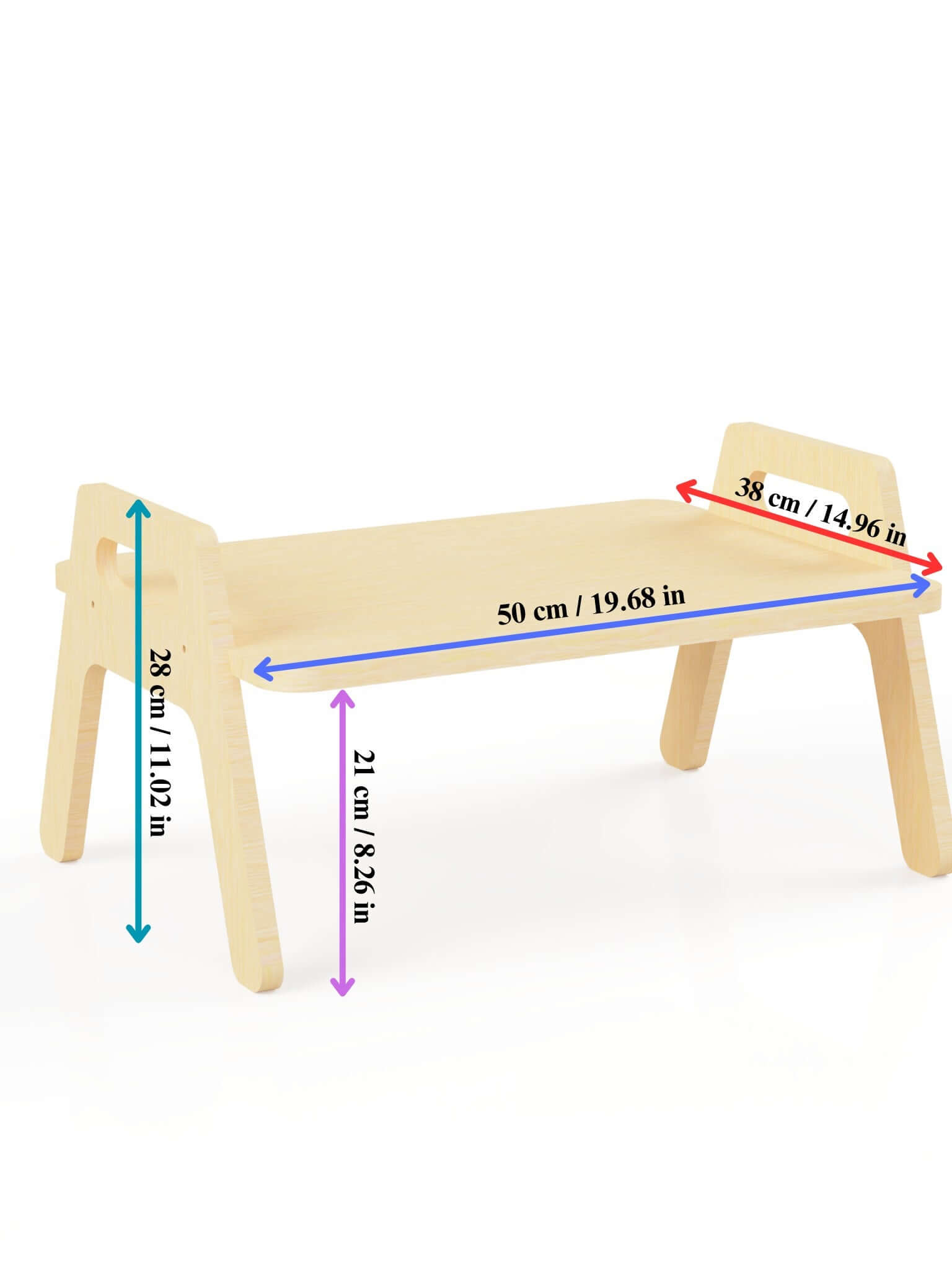 Wooden kids floor table dimensions showing height 28 cm, length 50 cm, and width 21 cm for Montessori kids floor table.