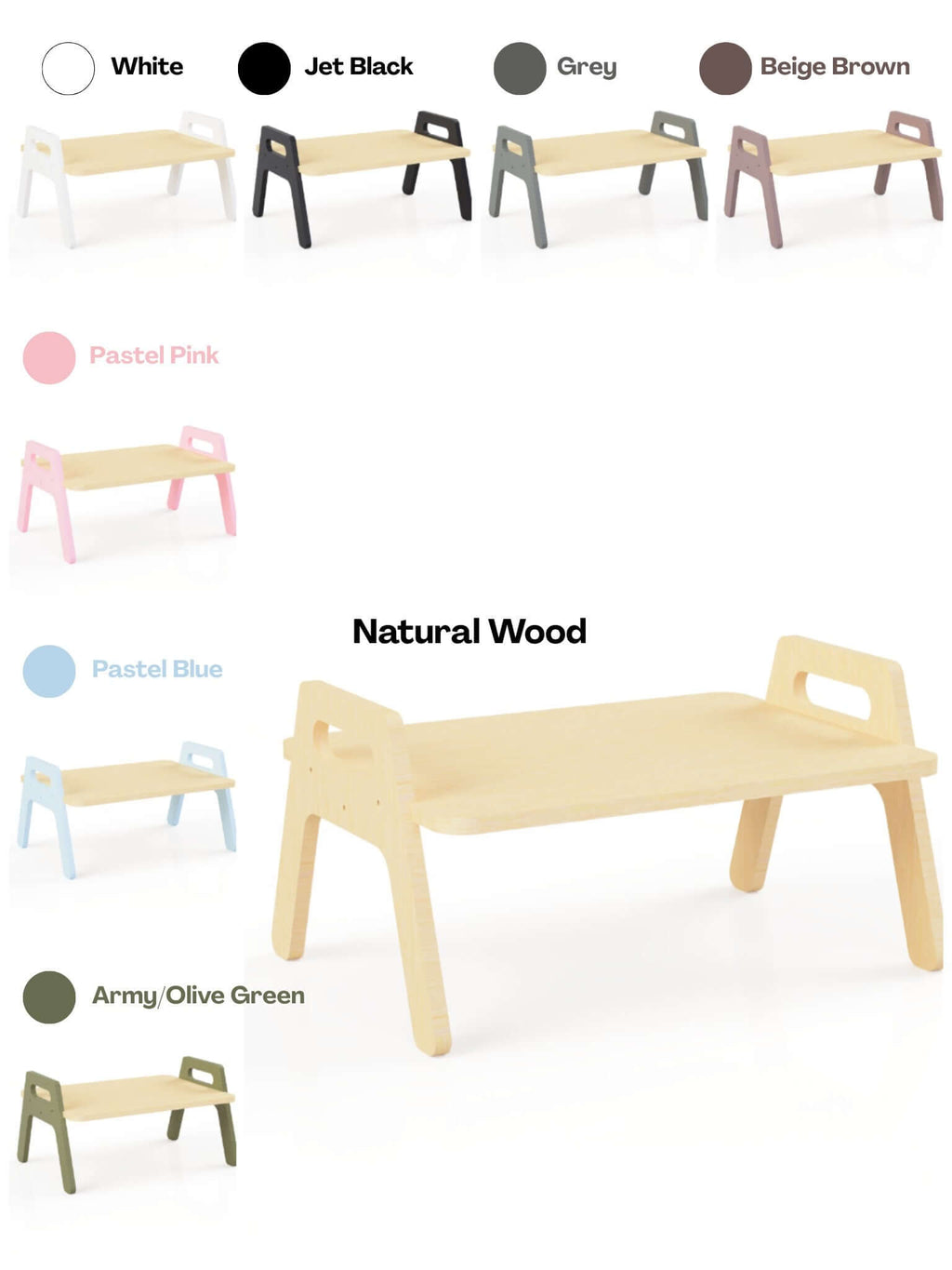 Wooden kids floor table in various colors, including natural wood, pastel pink, blue, and army green.