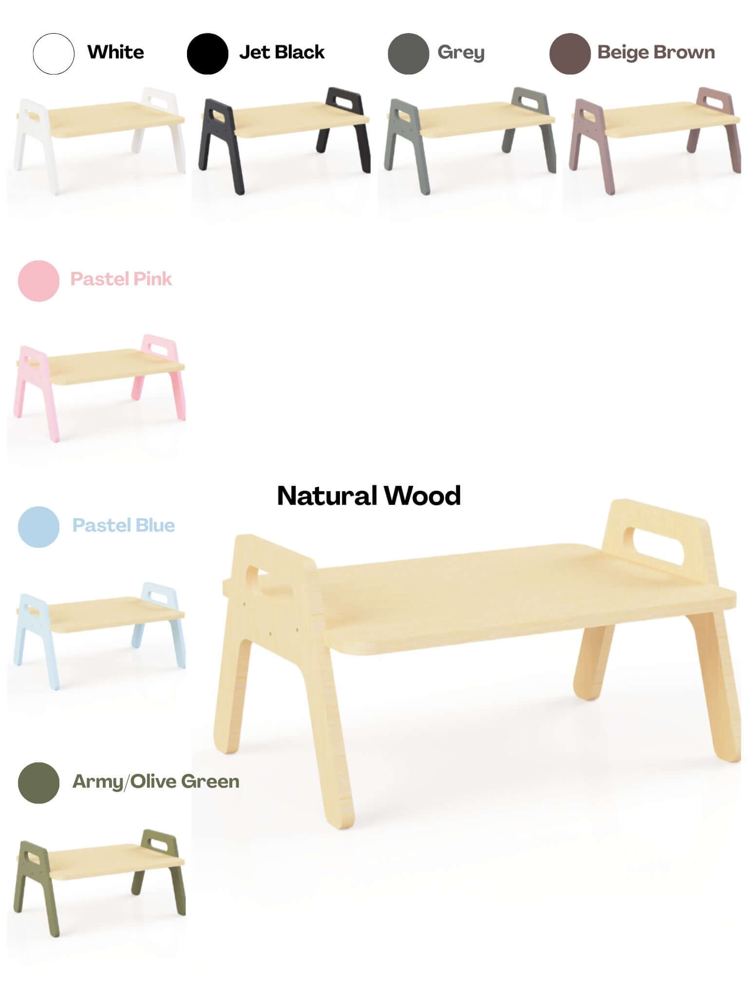 Wooden kids floor table in various colors, including natural wood, pastel pink, blue, and army green.