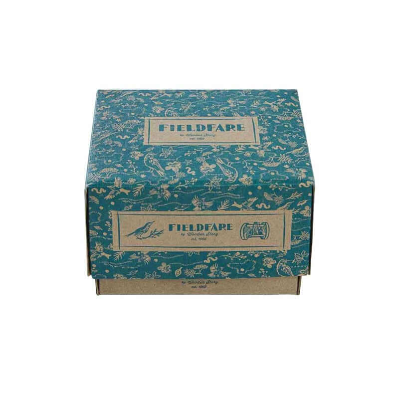 Fieldfare Wooden Rattle packaging with intricate designs, perfect for a wooden rattle for fine motor skills.