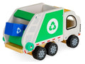Wooden garbage truck with moving wheels and openable doors, perfect for imaginative play.