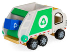 Wooden garbage truck with moving wheels and openable doors, perfect for imaginative play.