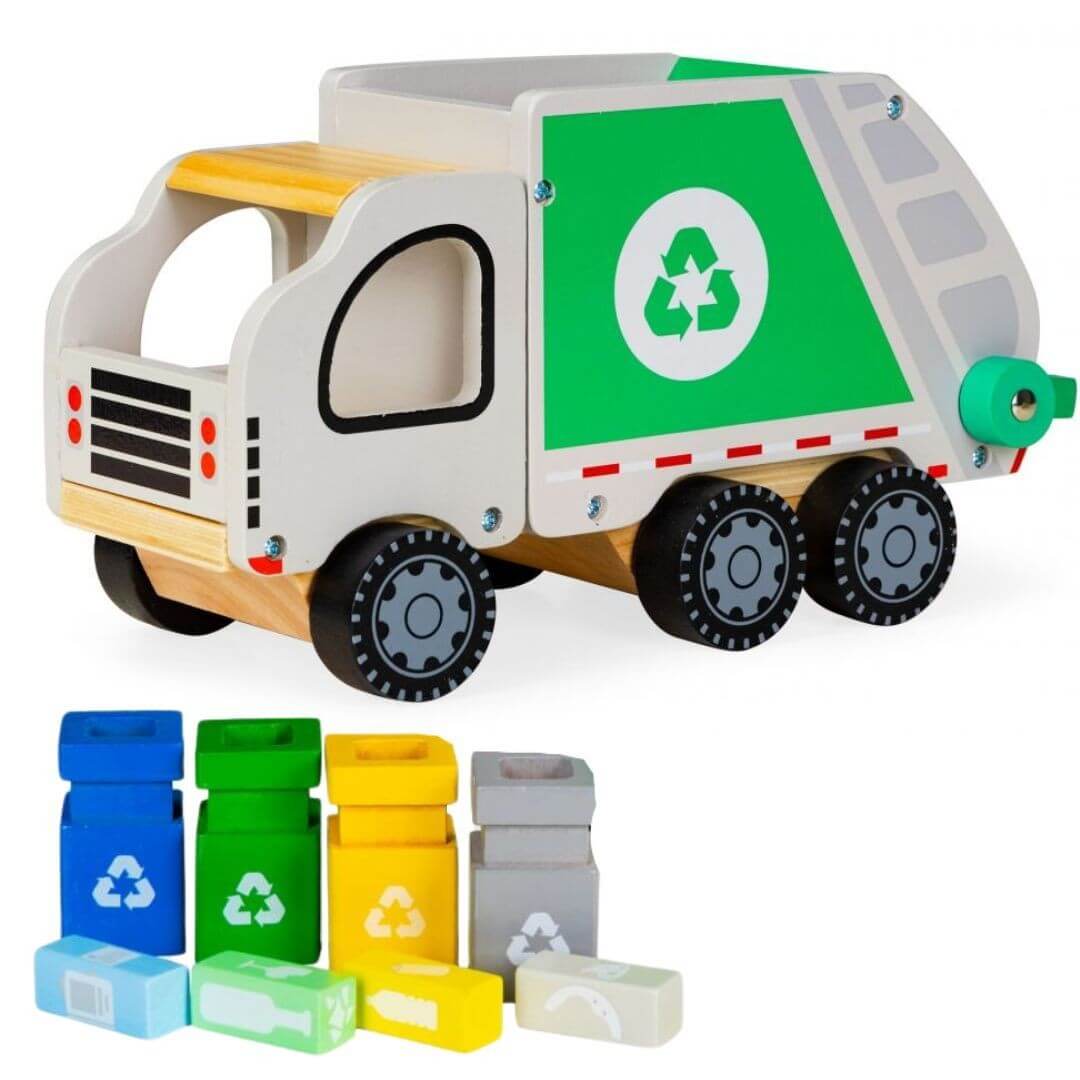 Wooden garbage truck with colorful recycling bins, promoting creativity and imaginative play for children.