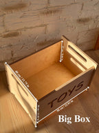 Wooden toy box dimensions with "TOYS" label, showcasing Montessori wooden toy box for nursery organization.