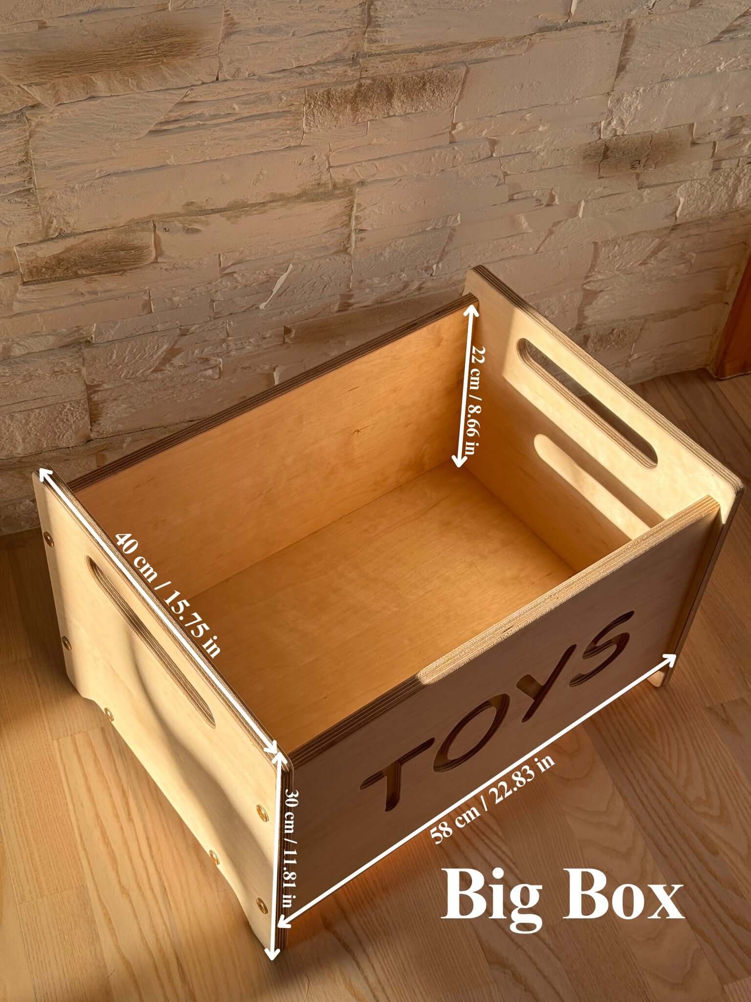 Wooden toy box dimensions with "TOYS" label, showcasing Montessori wooden toy box for nursery organization.