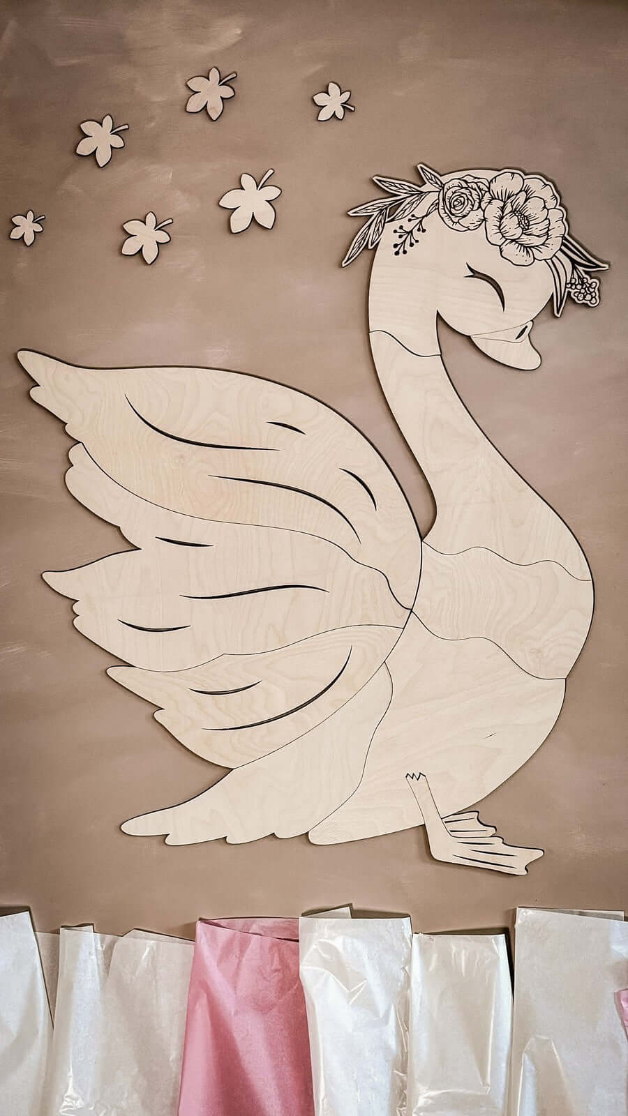 Unique wooden wall decoration featuring a beautiful swan design made from high-quality wooden elements.