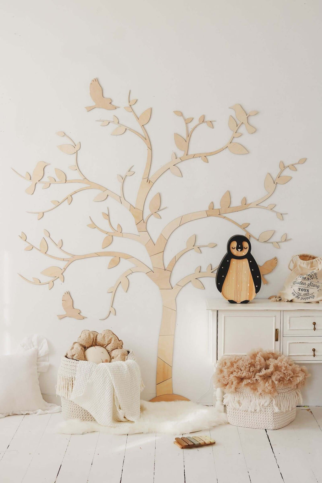 Wooden wall decoration tree birds featuring a large tree with birds in a cozy room setting.