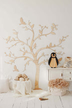Wooden wall decoration tree birds featuring a large tree with birds in a cozy room setting.